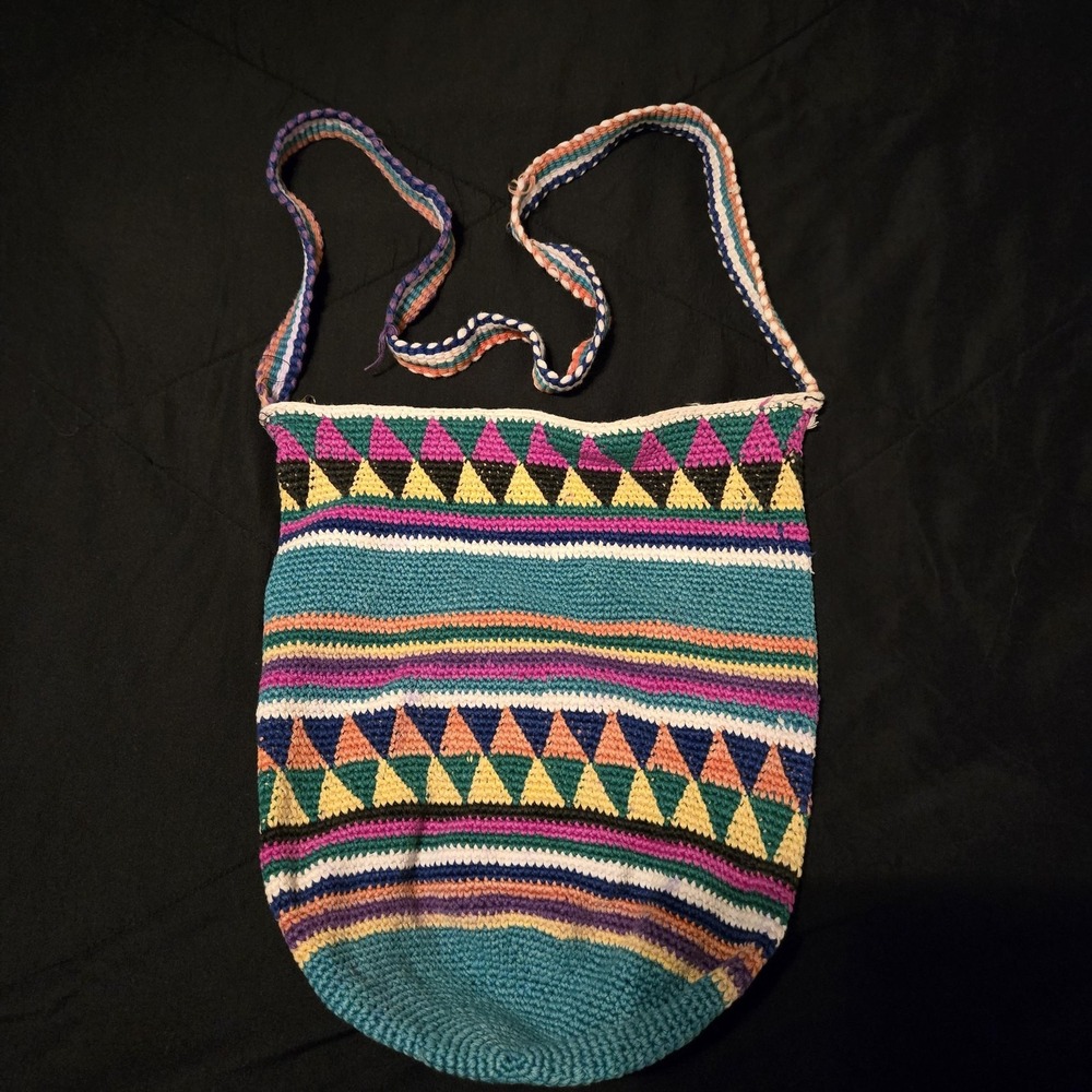 Crochet Crossbody Bag Womens Multicolor Boho Zip Artesian Guatemala‎ Festival